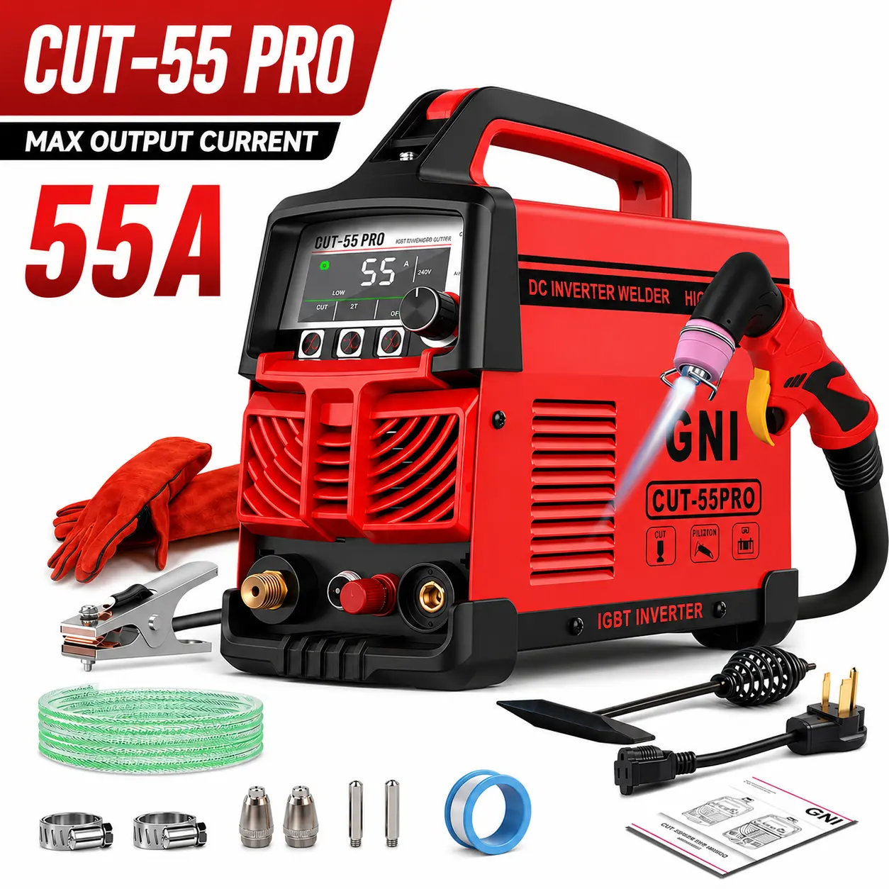 GNIWELDER 55Amp Portable Plasma Cutter, Non-Touch Pilot Arc Plasma Cutter Machine | 120V/240V, 4/5'' Maximum Cut, Pre-Installed Air Regulator, 2T/4T, DC Inverter IGBT for Beginners DIY & Home Workshops