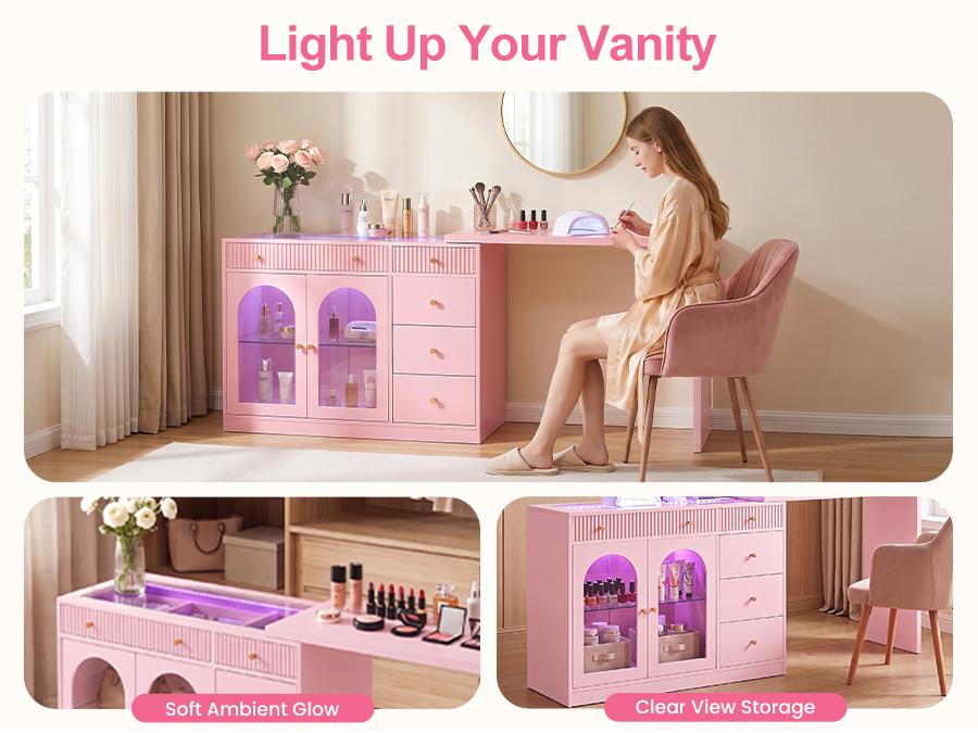 RoyalCraft 59''/75'' Makeup Vanity Desk with Lights, Rotatable & Extendable Dressing Table with Tempered Glass Top, L-shpaed Corner Vanity Table with Drawers and Doors, Perfect for Bedroom, Dressing Room, Pink/Black/White/Beige RoyalCraft 59''/75'' Makeup Vanity Desk with Lights, Rotatable & Extendable Dressing Table with Tempered Glass Top, L-shpaed Corner Vanity Table with Drawers and Doors, Perfect for Bedroom, Dressing Room, Pink/Black/White/Beige