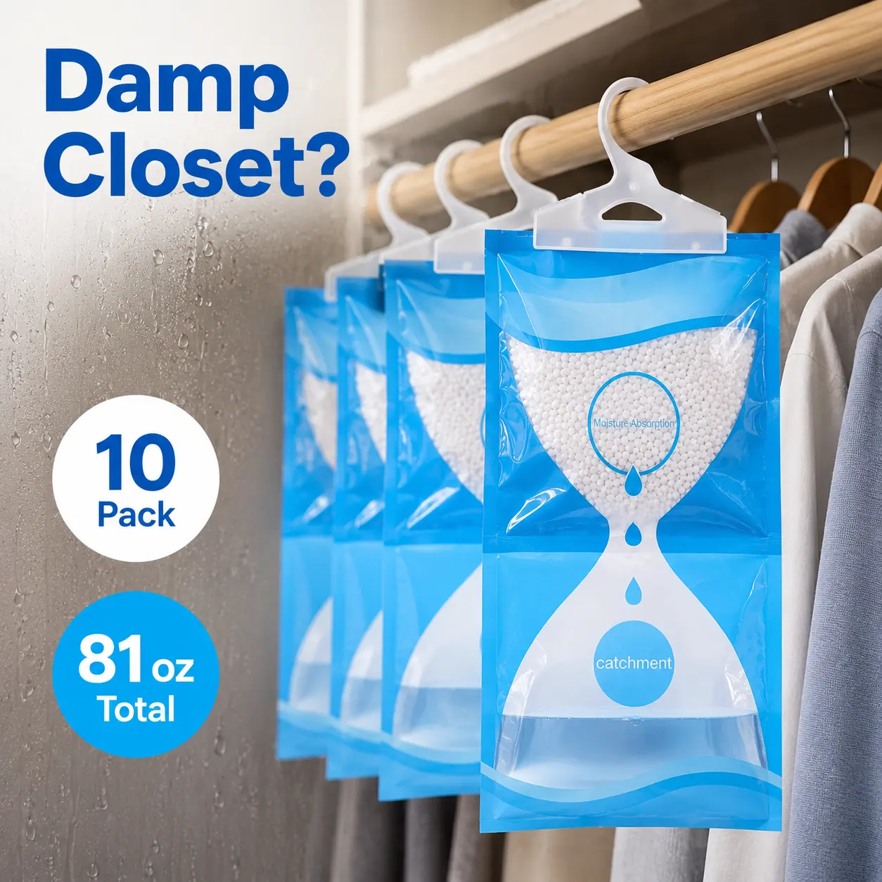 Hanging Closet Dehumidifier Bags - 10-Pack High-Capacity Absorbent Hangable Humidity Absorbers (8.1 oz Each, 81 oz Total) with Transparent View, Easy to Use for Closets, Bathrooms, Mold & Damp Proofing