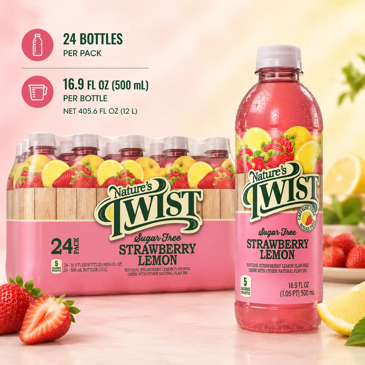 Nature's Twist Sugar Free Strawberry Lemonade, 0 Sugar, Low Calorie, Real Fruit Juice, 16.9 fl oz, 12-Count Packages, 2-Pack Bundle (Total 24 Bottles)