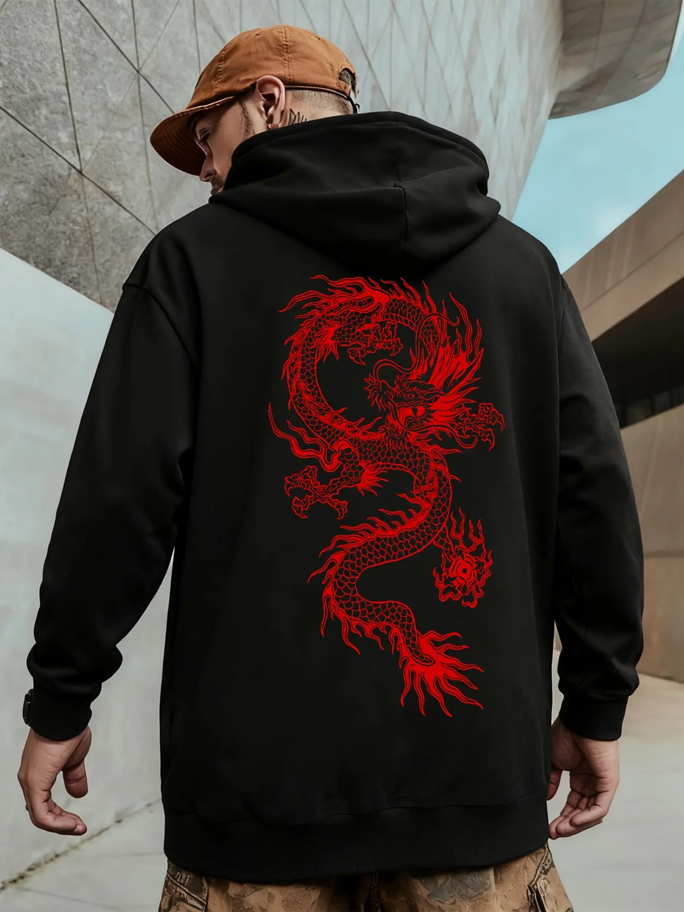 Trendy Dragon Graphic Pattern Drawstring Long Sleeve Oversized Hoodie, Comfortable Fashionable Men's Hooded Casual Streetwear Sweatshirt for Fall & Winter, Casual Warm Loose Fit, Casual Hoodie Pullovers