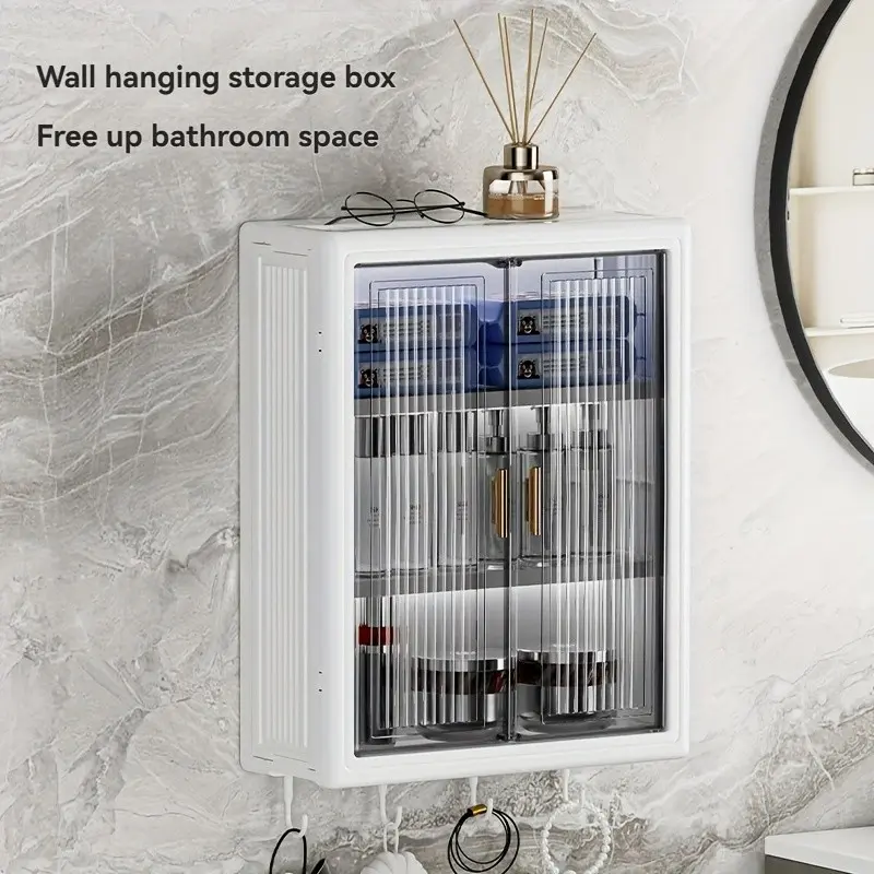 Wall-Mounted Bathroom Storage Cabinet, Hook-Attached Dual Door No-Drill Shelf, Plastic Floating Cabinet for Kitchen/bathroom/living Room, Bathroom Cabinet Organizer
