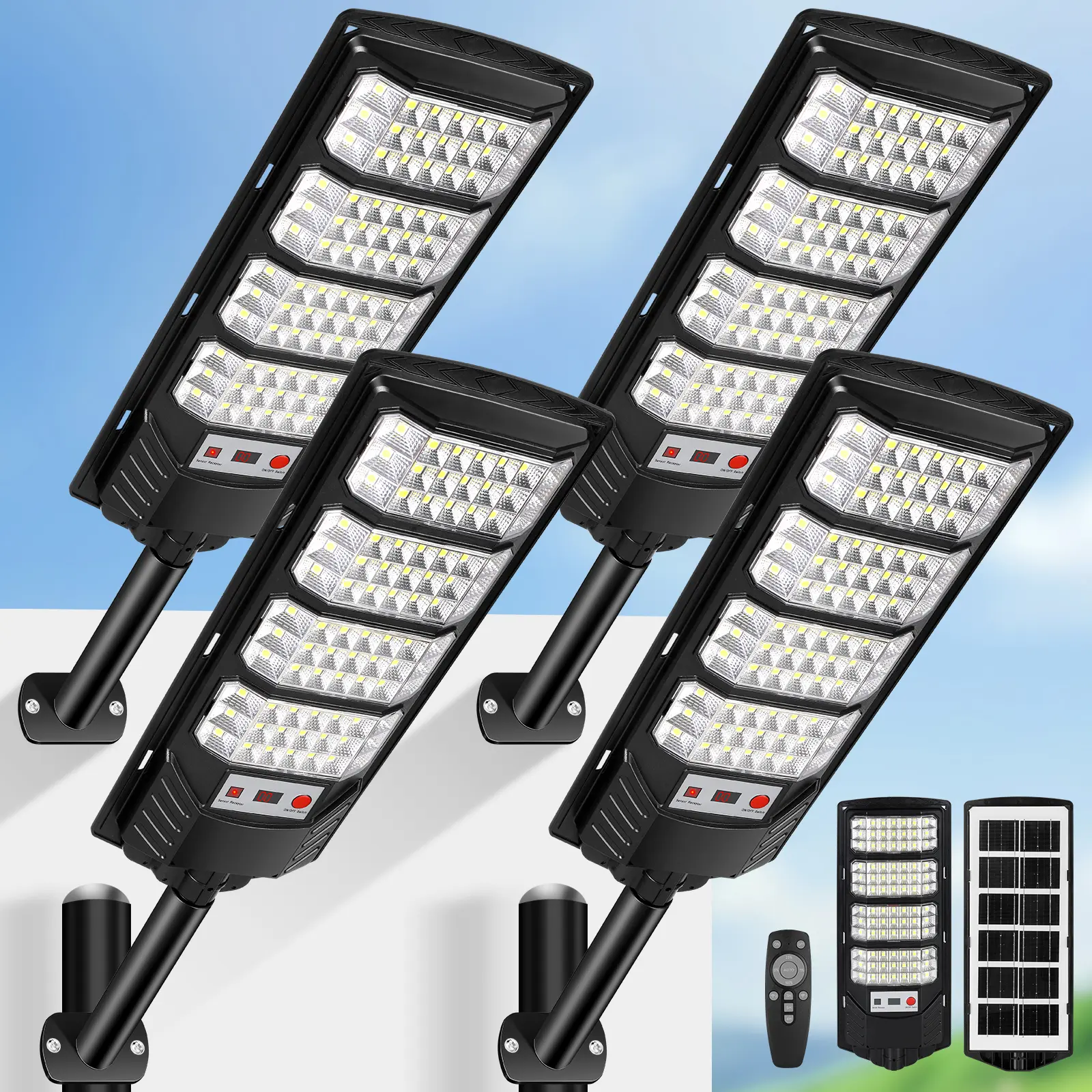 4-Pack Outdoor Solar LED Street Lights - Remote Control, Auto On/Off Motion Sensor, IP66 Waterproof Metallic Wall-Mount Lamps for Garden, Barn