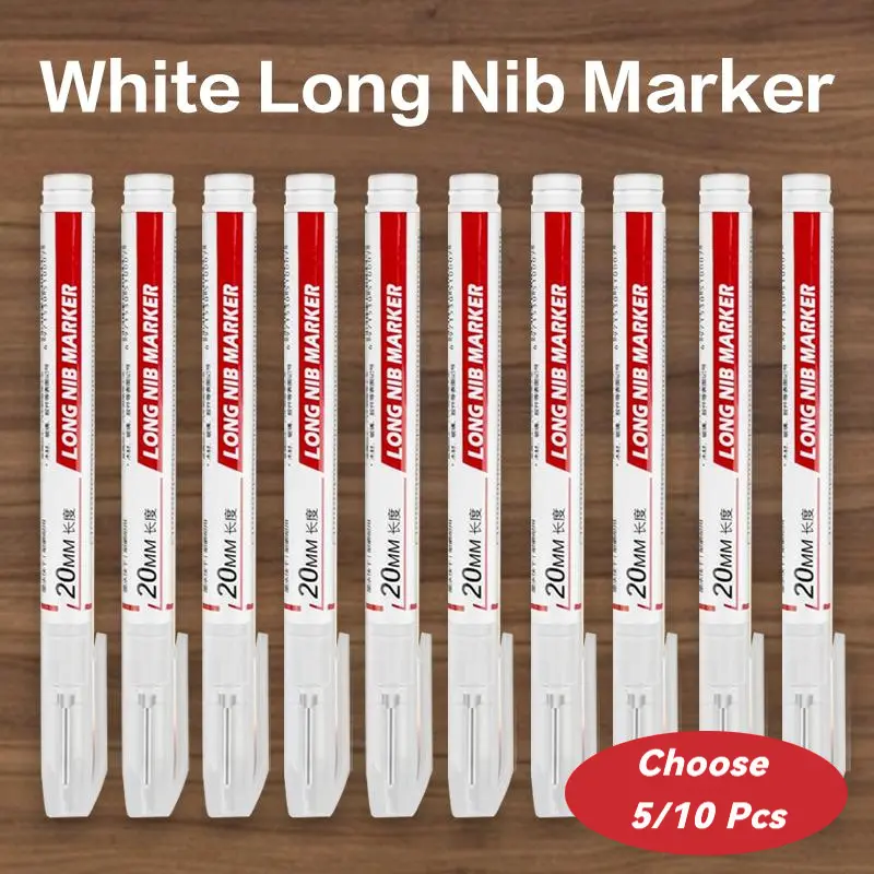 High-Quality White Plastic Deep Hole Marker Pens - 5/10 Pcs Optional, 20mm Long Nib, Waterproof Quick-Dry Office Stationery for Carpenters, Furniture Decoration, Durable on Metal & Smooth Surfaces (Shake Before Use), Markers