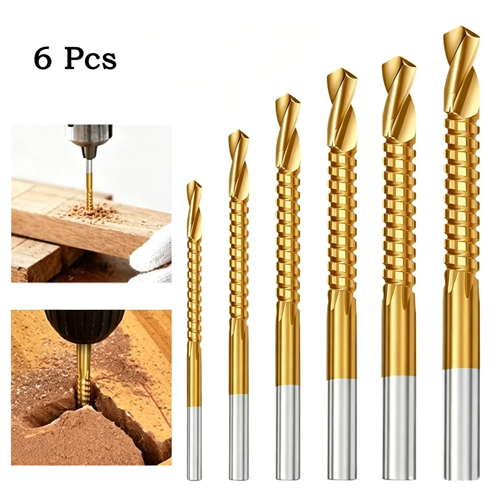 6 Pack Titanium-Coated High-Speed Steel Drill Bit Set, Metalworking & Woodworking Tools for Drilling Plastic Metal and Wood, Drill Bits for Various DIY and Repair Projects