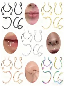 4 Counts Stainless Steel Fake Nose Rings Set, Non-Piercing Clip-On Design, Party Style Jewelry for All Seasons, Unisex Accessory