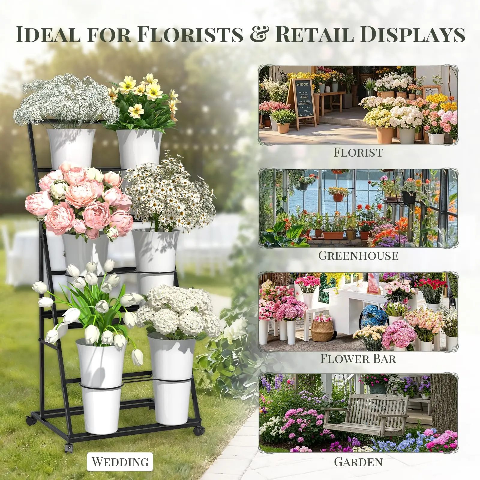 Flower Display Stand with 6 Buckets, Rolling 3-Tier Flower Bar Stand for Wedding, Party, Ceremony, Florist Bouquet Rack Stand for Markets