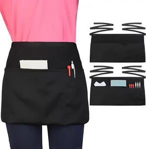 Server Waitress Waist Apron - Half Apron with 3 Pockets,2 Pack Black Short Aprons for Servers,Waiter Apron