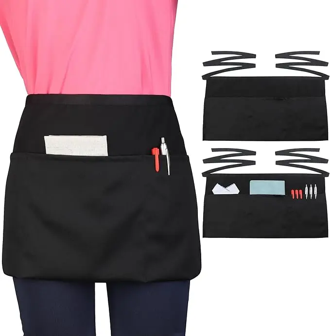 Server Waitress Waist Apron - Half Apron with 3 Pockets,2 Pack Black Short Aprons for Servers,Waiter Apron