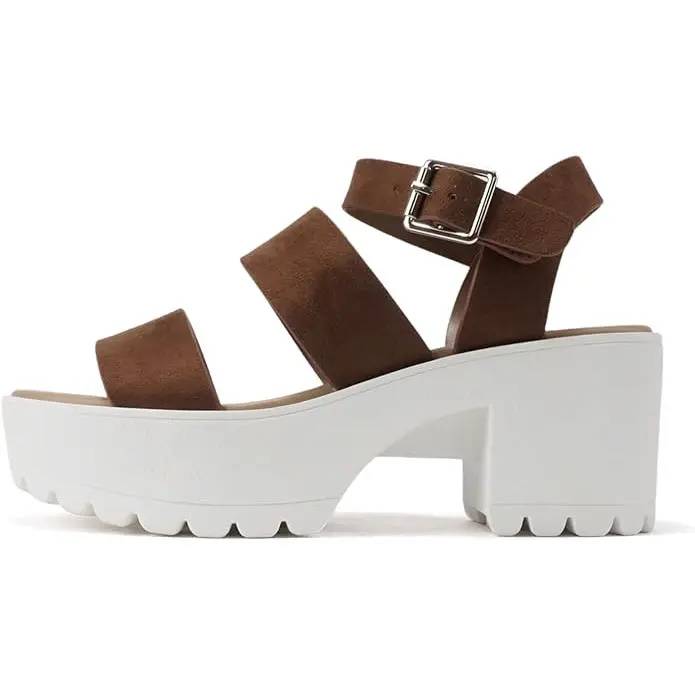 Soda ACCOUNT Women's Open Toe Block Heel Platform Sandals with Adjustable Ankle Strap - Cognac Suede - Size 9, Buckle, Fashion