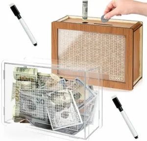 Wooden Piggy Bank Cash Vault Box - Wood Construction, Numbered Grid, Money Target Counter, Savings Goal Tracker - Home Decor, Friends' Gift for 10000 Savings