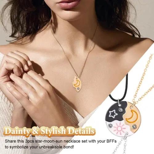2026 New Set of 3 Sun, Moon & Star Magnetic Necklaces, Puzzle Design BFF Jewelry for Best Friends & Sisters, Ideal Friendship Gift with Rhinestone Detail, Perfect for Birthday, Anniversary