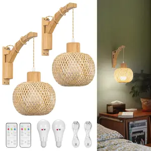 Battery Operated Rettan Wall Sconce Swing Arm Wall Light Rechargeable Bulbs with Remote Set of 2 Woven Bamboo Lantern Wall Lamp for Bedroom
