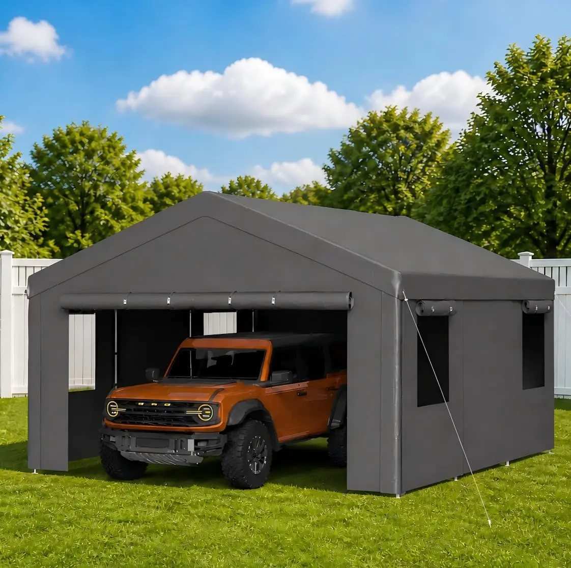Aoxun Heavy-Duty Portable Outdoor Car Canopy Garage (10'x20/12'x20 Ft, Grey) – Exterior-Grade Shading Canopy with Roll-Up Windows, Removable Sidewalls, Doors, All-Weather Waterproof UV-Resistant Tarp for Car, Boat, Exterior-Grade Canopies