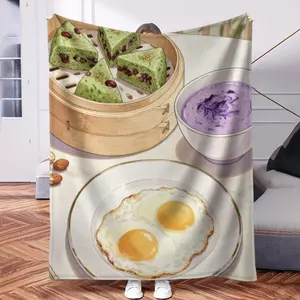 Natural Breakfast Time Golden Edge Plate Set, Bamboo Steamer Basket, Bean Cake, Blueberry Yogurt Cup, Soft Flannel Blanket
