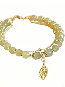 Chinese Style Green Jade Bracelet For Women Exquisite Gold Color Leaves Wrist Strap Bangle Double Chain Bracelet Girls Gifts High Quality Bracelet