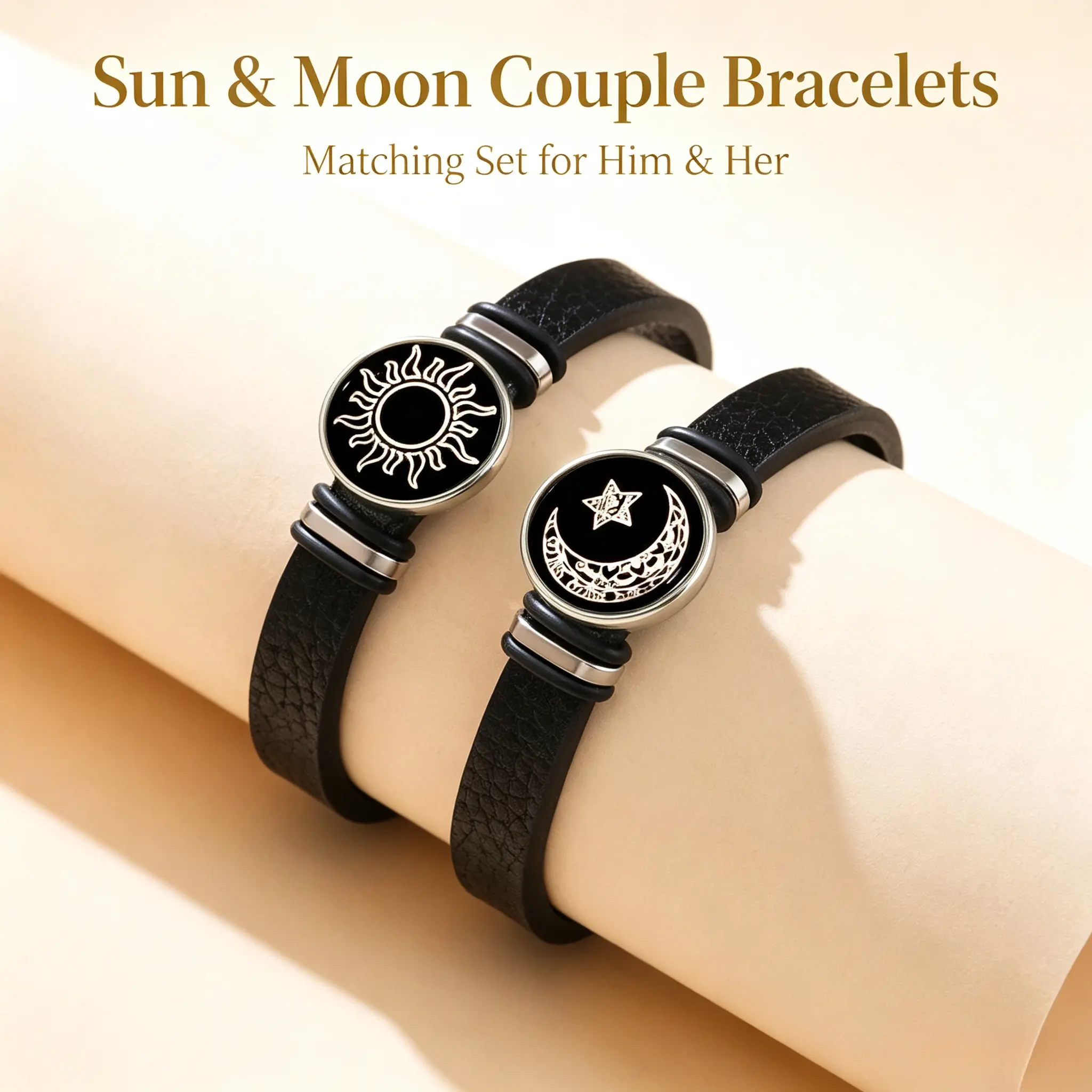 His and Hers Couple Jewelry Set, Glow Dark Sun & Moon Charms, Hypoallergenic Adjustable Pu Leather Bangle, Long Distance Couple Gift, Embr Layering Bracelet, Friendship Couple Bracelets, Bracelets For Women
