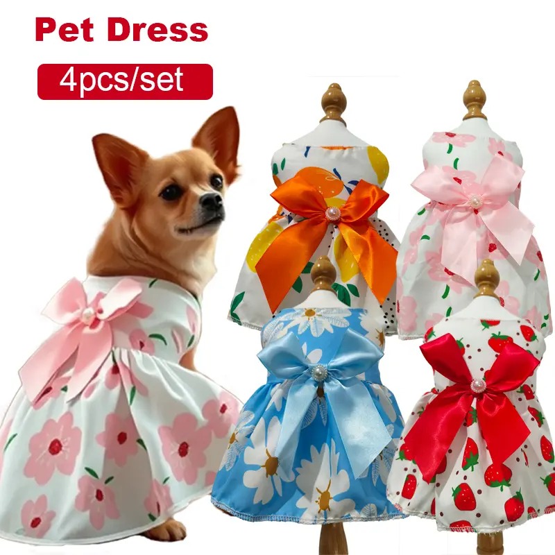 4Pcs/Set Soft Sleeveless Floral Pet Outfits for Cats-Dogs, Blue Bow, Pearl Details - Ideal for Daily Wear, Special Occasions