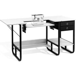 Foldable Sewing Machine Table, Multipurpose Sewing Table with Adjustable Platform, Storage Shelf and 2 Cloth Drawers