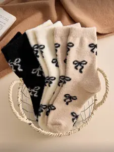 Women's Winter Fuzzy Socks Butterfly Knot Pattern Knee High, Thick Soft Plush Warm Comfortable Casual Socks for Daily Wear and Outdoors