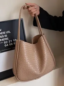 Women's Fashionable Solid Braid Tote Bag, Casual Large Capacity Shoulder Bag for Work, Retro High-quality Textured Commuter Bag