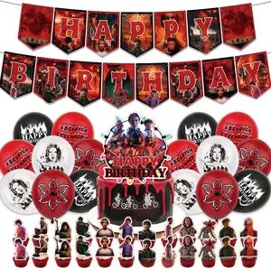 themed party supplies, specially designed for fans. The birthday decoration set includes banners, balloons, cake toppers, and cupcake toppers, perfect for Stranger Things themed parties and surprise gifts for all ages.