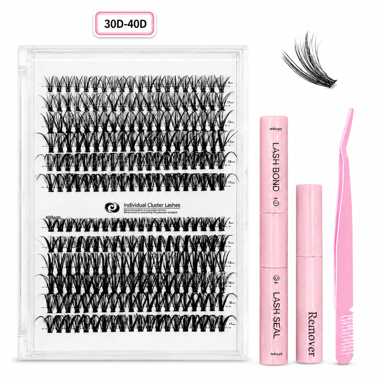 Lash Extension Kit DIY Lash Clusters Eyelash Extension Kit, 30D-40D 9-17mm Individual Lashes Kit with Lash Bond and Seal and Makeup Removal, Lash Tweezers for Self Use