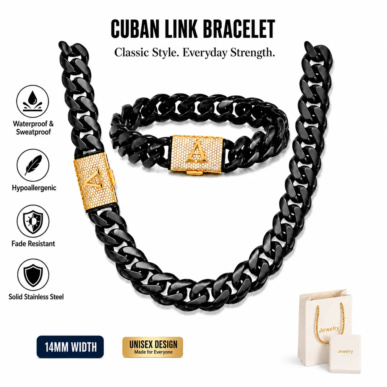 Men's Jewelry 14mm Sweatproof Black Stainless Steel Cuban Link Set - 1 Necklace, 1 Bracelet with Gold-Tone Letter Clasp, Bold Chain & Link Design, Personalized Hip Hop Accessory for Men, Ideal for Anniversary, Birthday