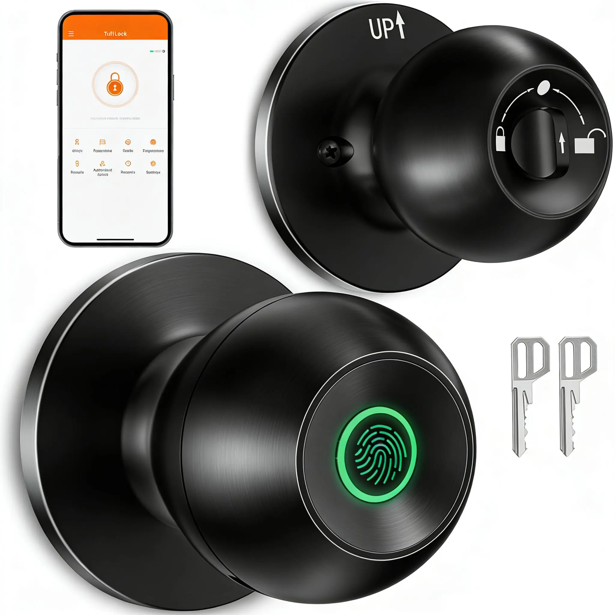 [Deals for You Days]EUERTE Smart Door Knob, Fingerprint Door Knob, Biometric Smart Door Lock with App Control, Metal Alloy Door Knobs, Easy Installation, Great for Bedrooms, Cloakroom, Apartments Offices, Hotel(Black),FathersDayGift
