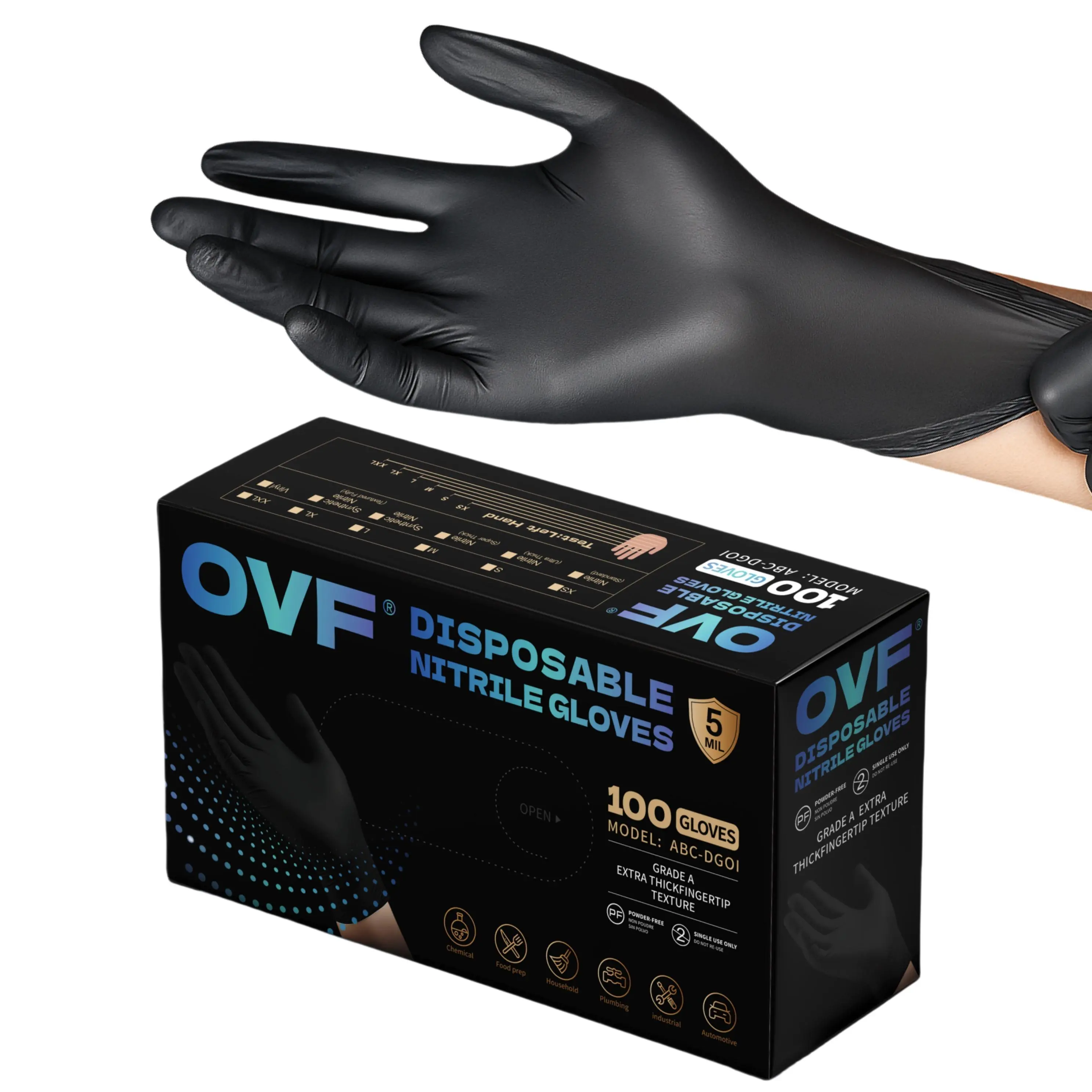 OVF 5mil Black Nitrile Gloves,10mil  Heavy Duty Soft Disposable Gloves, 100 Count Latex Free Powder Free Reusable Gloves for Cleaning, Auto Repair, Food Processing, Tattoo, Hair Dye, Kitchen, Salon, Gardening (M-XL Sizes)