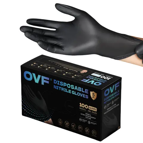 OVF 10mil Black Nitrile Gloves,10mil  Heavy Duty Soft Disposable Gloves, 100 Count Latex Free Powder Free Reusable Gloves for Cleaning, Auto Repair, Food Processing, Tattoo, Hair Dye, Kitchen, Salon, Gardening (M-XL Sizes)