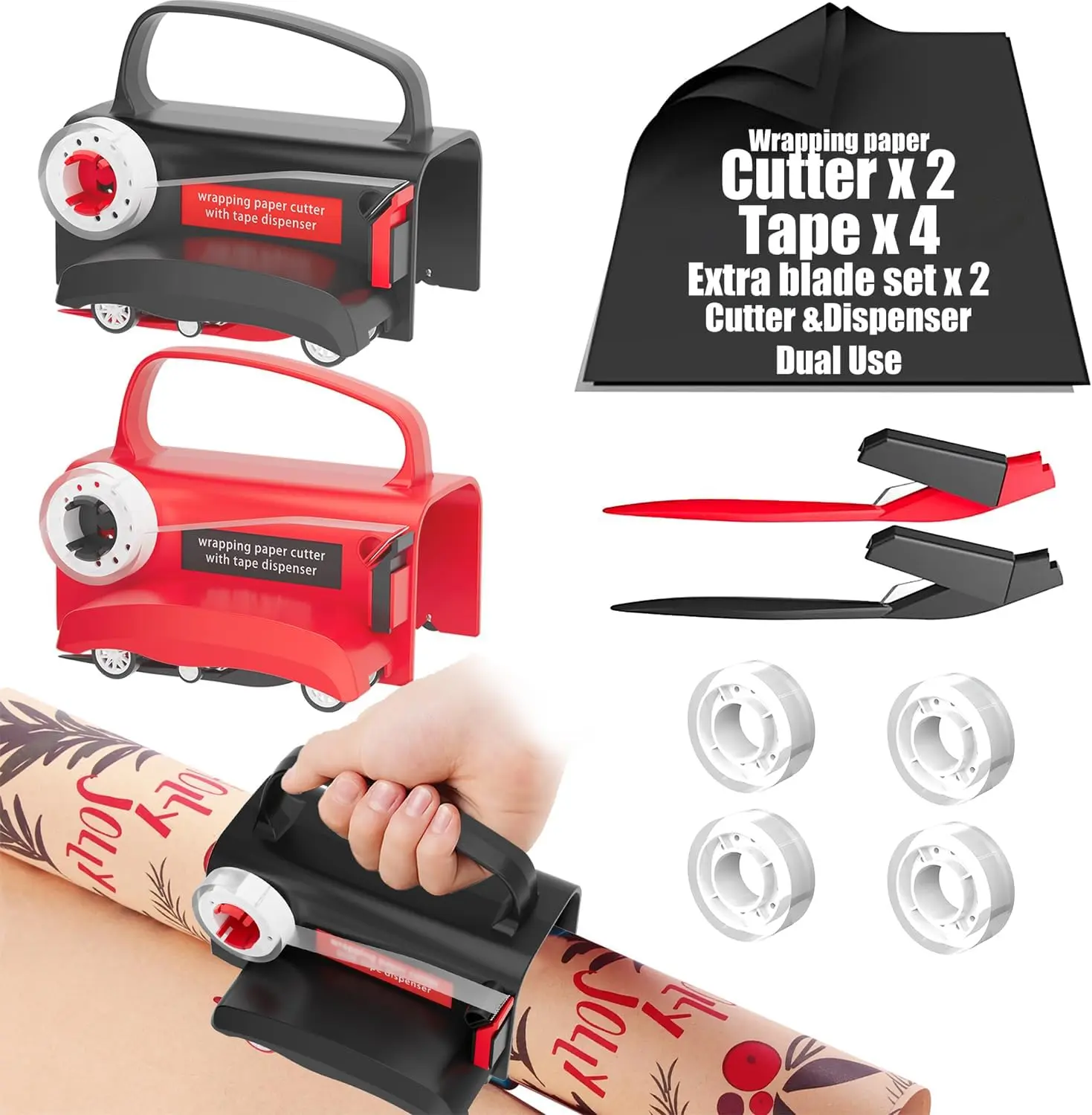Sugoiti 2-Pack Office Wrapping Paper Cutter & Tape Dispenser, Straight Sliding Tool with 4 Tapes, 2 Replacement Blades Kit (Black, Red) for Christmas, Thanksgiving, Birthdays, Kraft Paper, A4 Sheets
