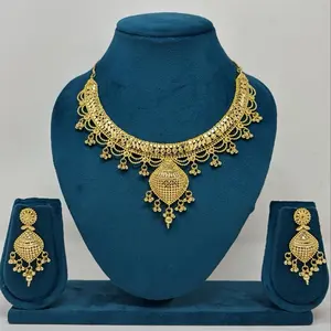 24k Gold Plated Short Necklace Set with Intricate Design and Matching Earrings for Festive Wear