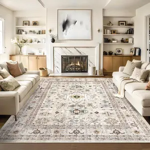 【Christmas Deal】GARVEE 8x10 Area Rug Anti-Slip Washable Living Room Rug Indoor Soft Floor Cover Vintage Floor Mat Low Pile Ultra-Thin Bedroom Rug Oriental Distressed Kitchen Rug for Nursery Dining Room Office Beige