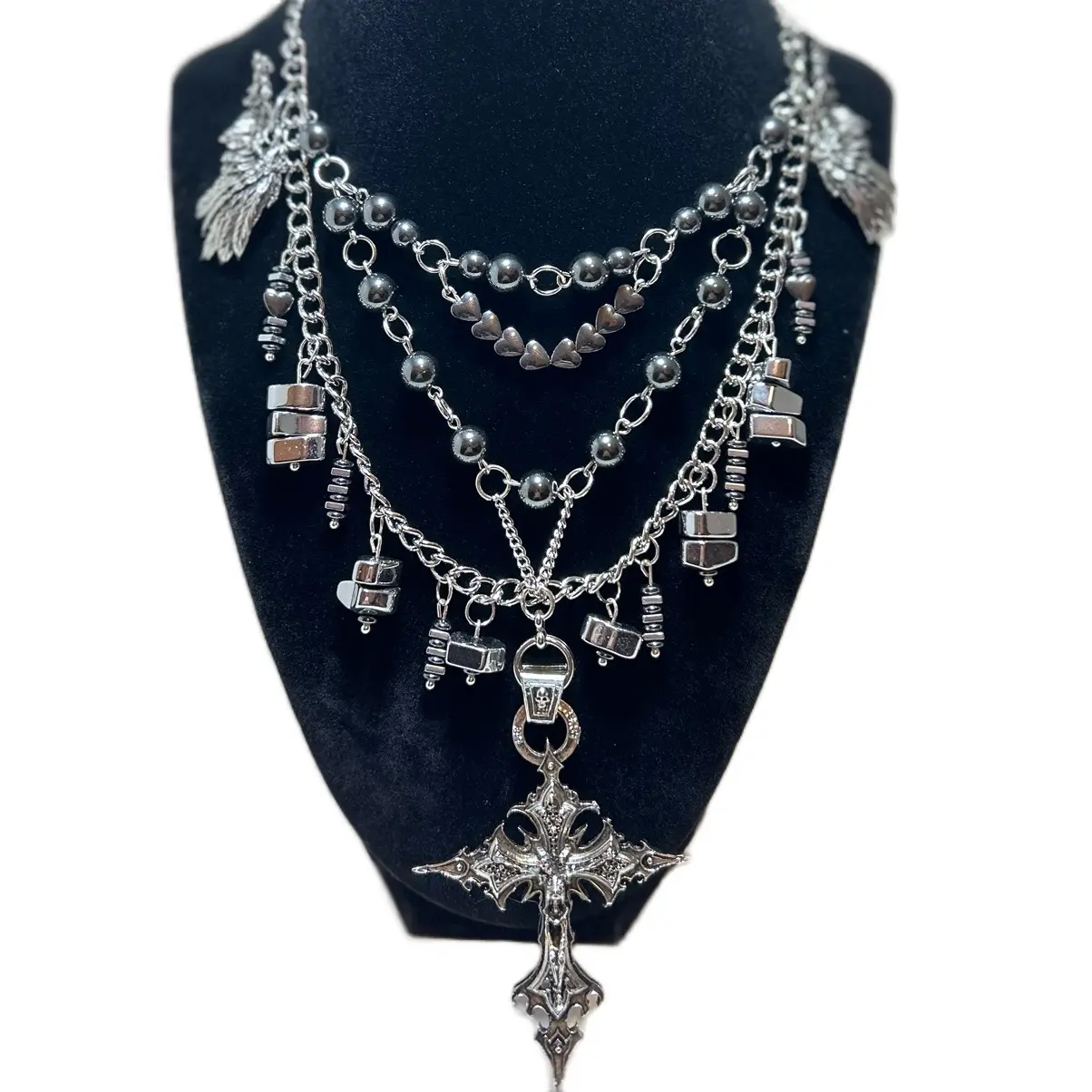 Gothic skeleton cross & Wings Pendant,Layered Hematite Bead Adjustable Necklace