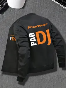 Men's Geometric Print Zipper Jacket, Pad Dj Text, Fall Winter Polyester Casual Hoodie, Music Lover Style