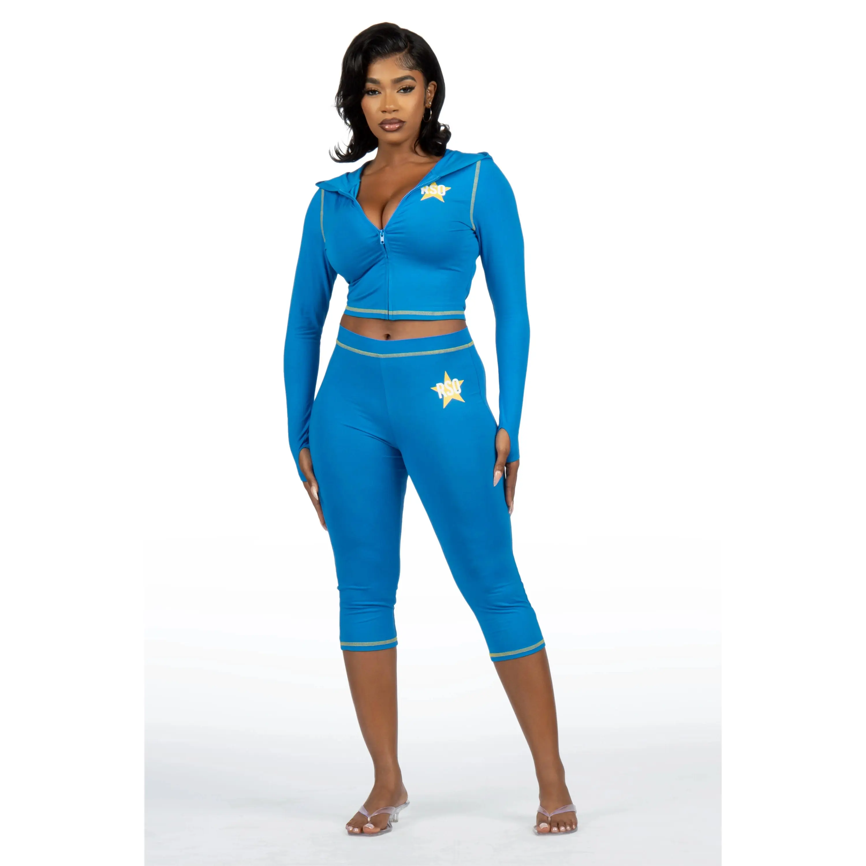 Sharina Blue Zip Up Capri Set