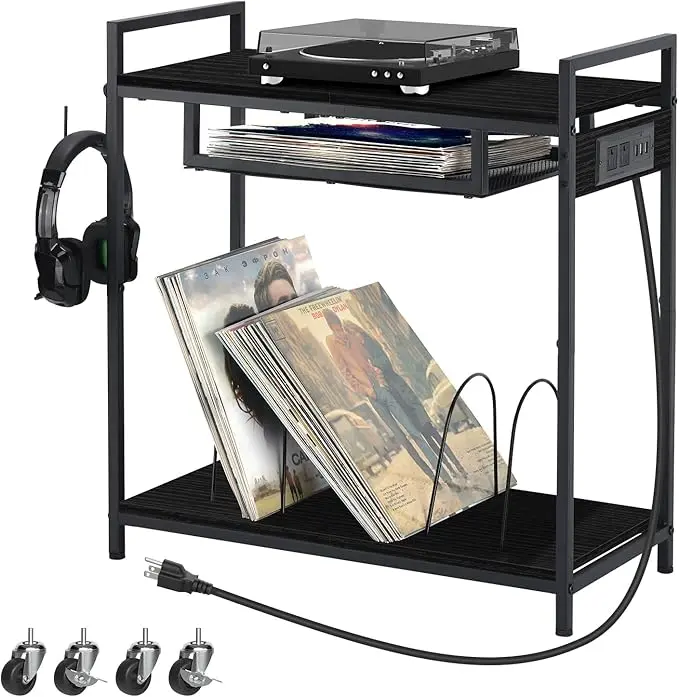 Wooden Record Player Stand with Vinyl Storage and Charging Station, 2 Tier Record Table on Wheels for Vinyl Records and Albums,Black