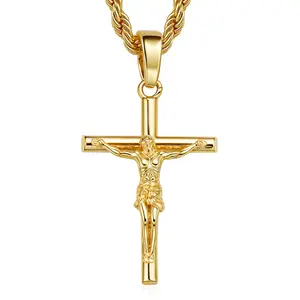 men's Cross necklace, the cross ofJesus Christ, gold twist necklace, fashionable andversatile, suitable as a gift for fathers and men,exquisite 18K gold-plated pendant