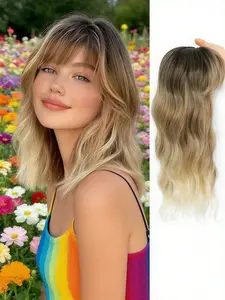 🔥 Gorgeous Clip-In Hair Topper with Fringe! Medium Length Wavy Hair, Balayage Brown to Blonde, Fluffy & Undetectable, Perfect for Hair Loss & Hair Makeover! Hair Replacement Wigs #HairPiece #WavyHair