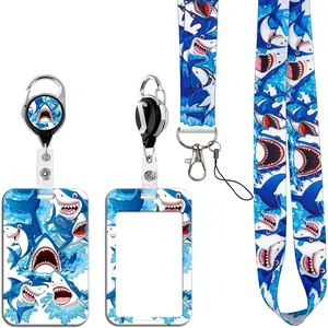 L-NKL006 Cool Lanyards with Id Badge Holder, Blue Retractable and Breakaway Lanyards with Name Tag Clip, Blue Shark Lanyard with Keychain for Kids Boy Men Women