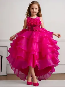 Girl's Contrast Sequin Bow Decor Tiered Layer Satin Fit & Flare Dress, Elegant High Low Hem Sleeveless Party Princess Dress for Performance Wedding Guest, Kids Clothes for All Seasons