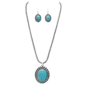 Western Style Silver Tone Concho Medallion with Natural Howlite Necklace Earrings Set, 26"-29" with 3" Extension (Turquoise)