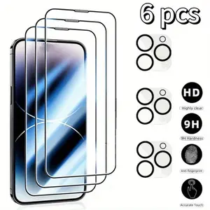 6 PCs are suitable for iPhone 14 15 13 16 16E Plus Pro Max, 3 HD, clear, 9H hardness toughened glass film, full-coverage screen protective film and 3 camera protective covers.
