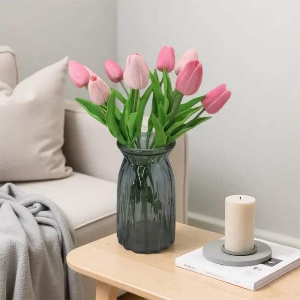 10pcs Mixed Pink PU Faux Tulip Flower Bouquets, 13.38in High Decorative Faux Flower Centerpiece, Water-Washable Daily Home Decor, Wedding Arrangements
