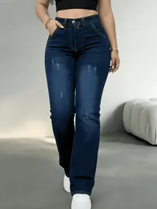 Mid-low Rise Baggy Jeans Stretchy for Women Distressed Pants Womenswear Bottom Lady Basic Minimalist Comfortable Denim Tummy Control Curve Hugging Plus Size Regular Size BBL Spring Fashion Daily Outfits YLD01