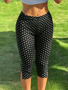 Women's Y2K Street Style Split Capri Pants, Polka Dot Slim Fit, Mid Waist, Elastic Waist, All Seasons, Yoga & Casual Wear, Yoga Skinny Pants