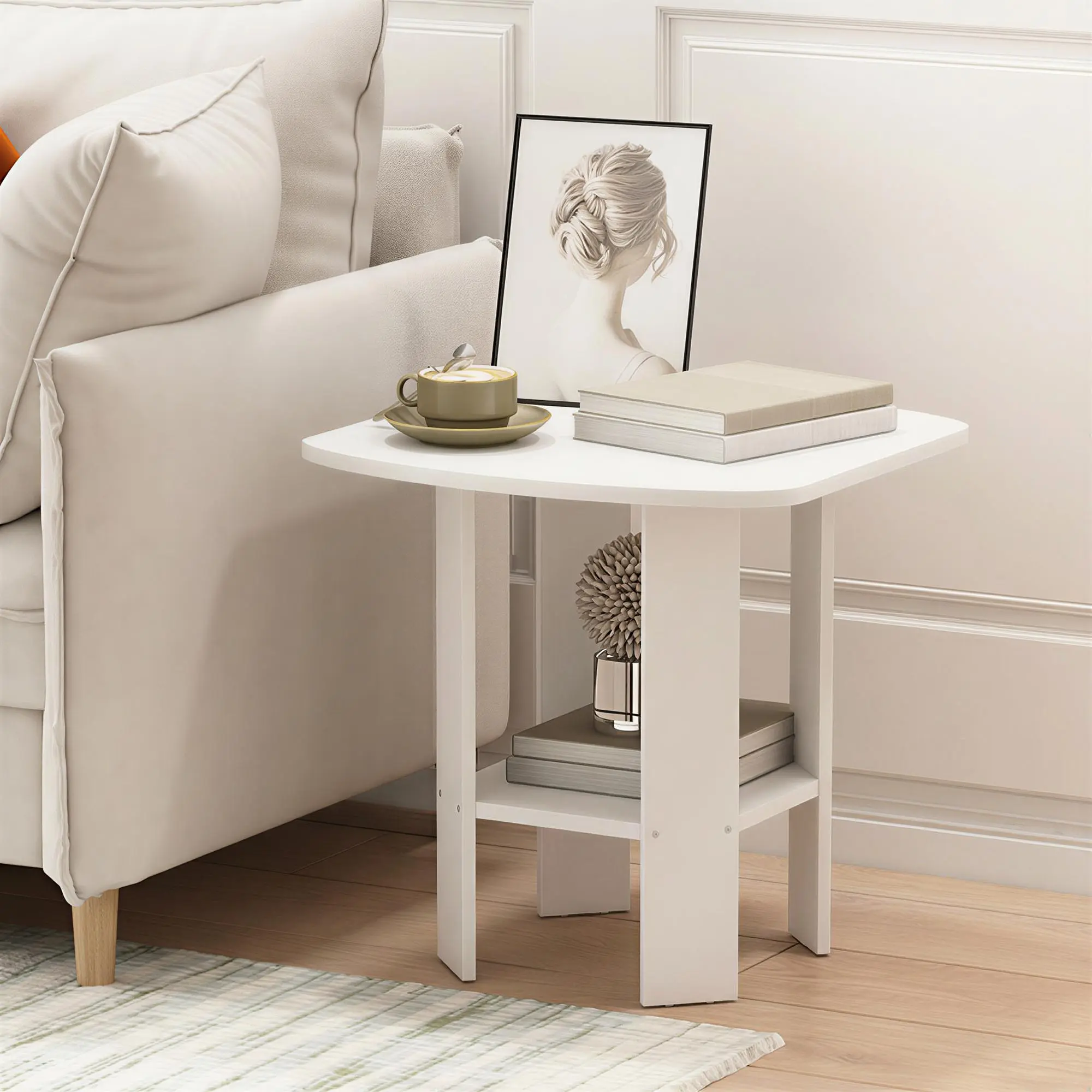 SIMPLE DESIGN Side Table, 2-Tier End Table, Open Shelves Night Stand, Bedside Table, for Living Room, Bedroom, White, Small Space Living Room Furniture, Bedroom Nightstand and Apartment Essential