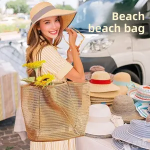 New Foldable Beach Bag Mesh, Women's Shoulder Shopping Bag Summer Outdoor Travel Bag, Casual Daily Use, Lightweight Beach Bag