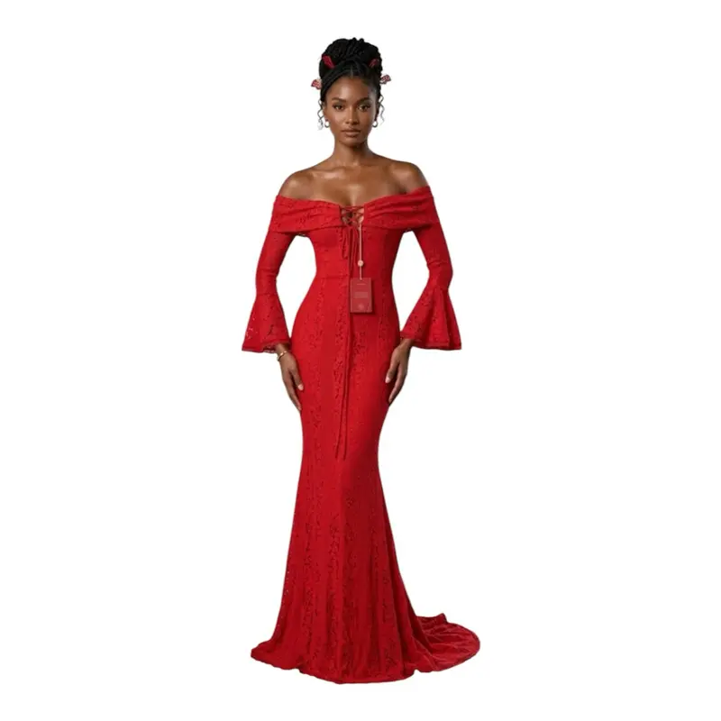 House of CB Women's Red Off-Shoulder Lace Mermaid Gown with Bell Sleeves